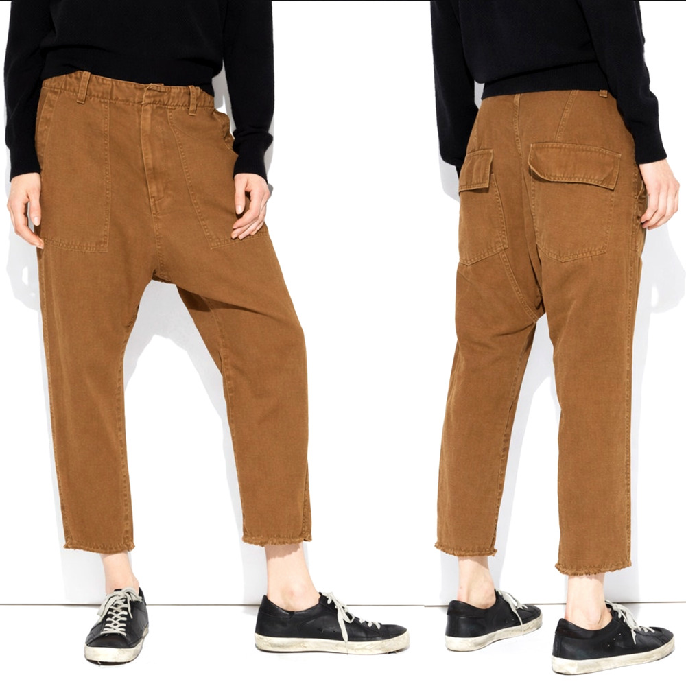 Nili Lotan 4 Slouchy Linen Luna Pant $395 Drop Crotch Cotton Cropped Tawny Brown
